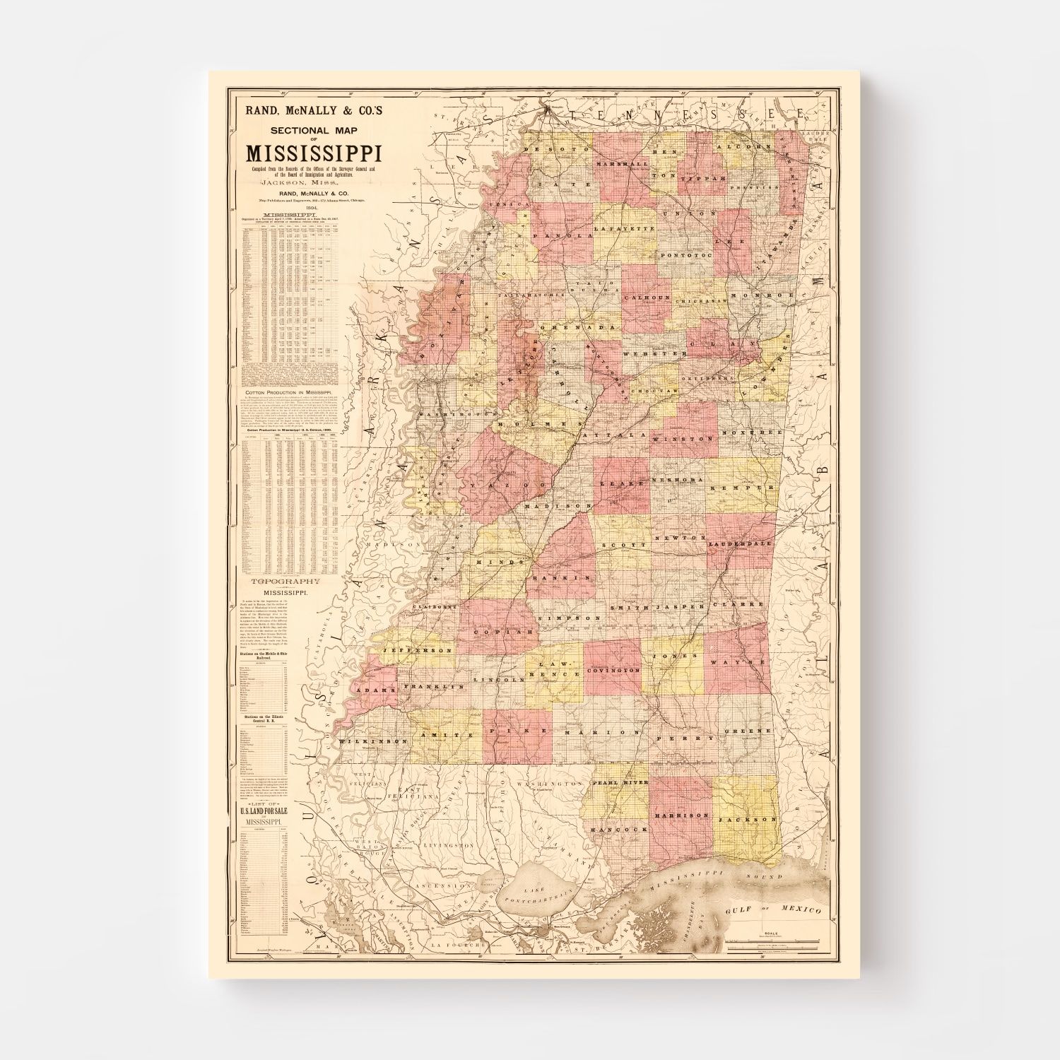 Vintage Map of Mississippi 1892