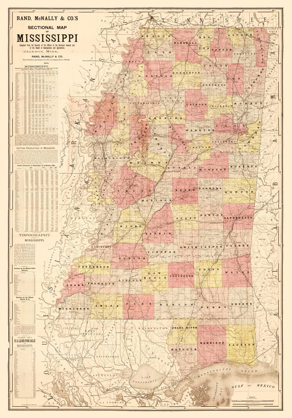 Vintage Map of Mississippi 1892