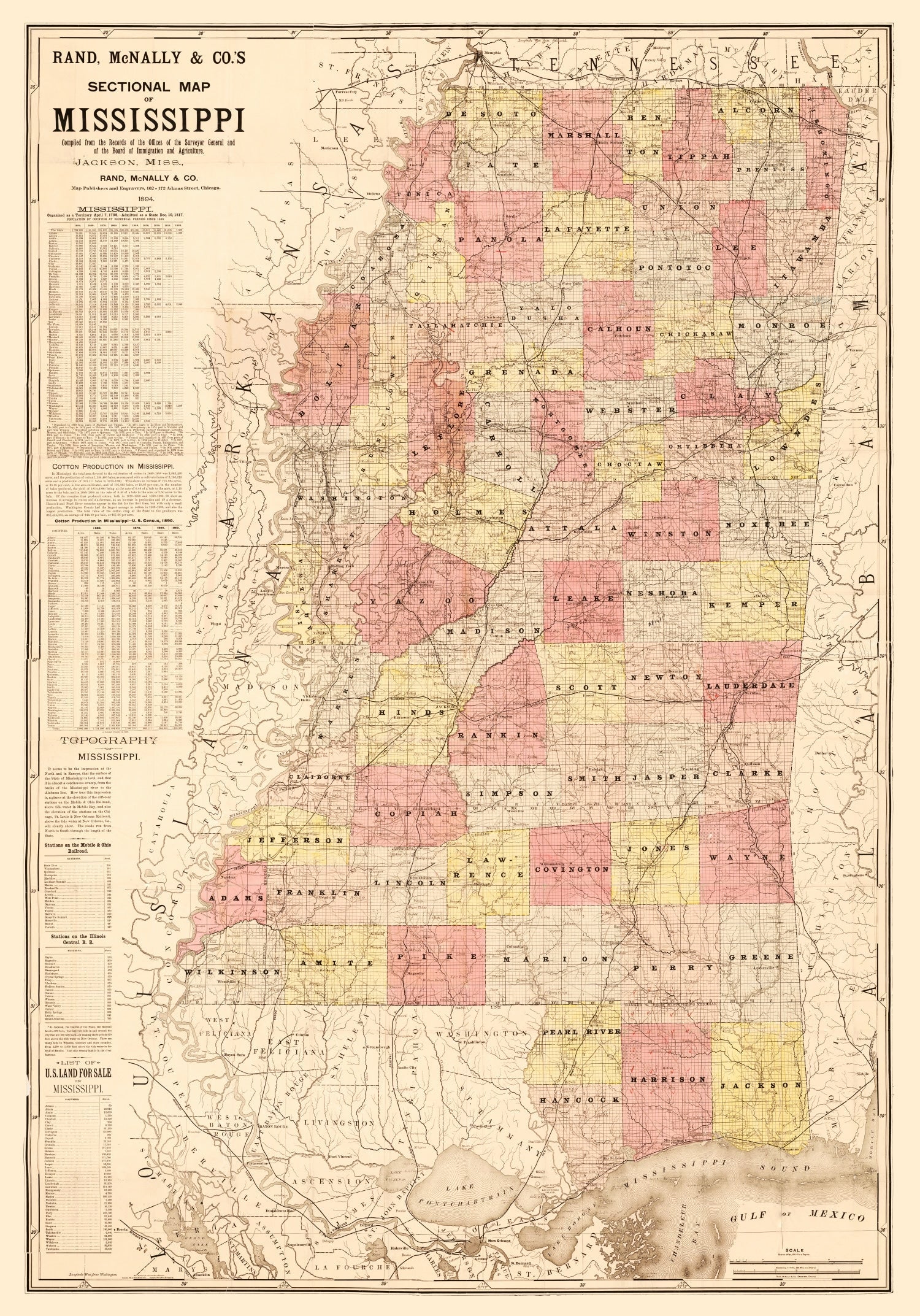 Vintage Map of Mississippi 1892