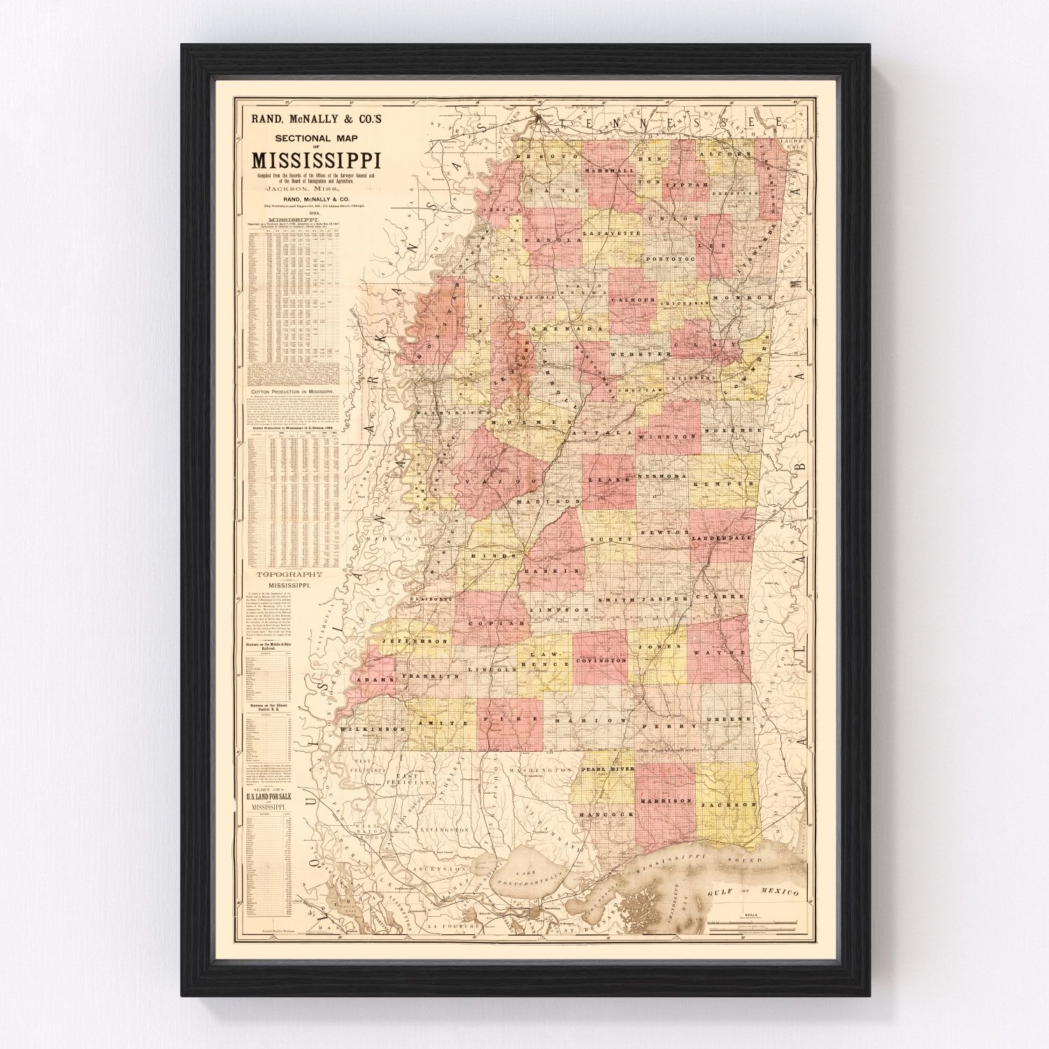 Vintage Map of Mississippi 1892