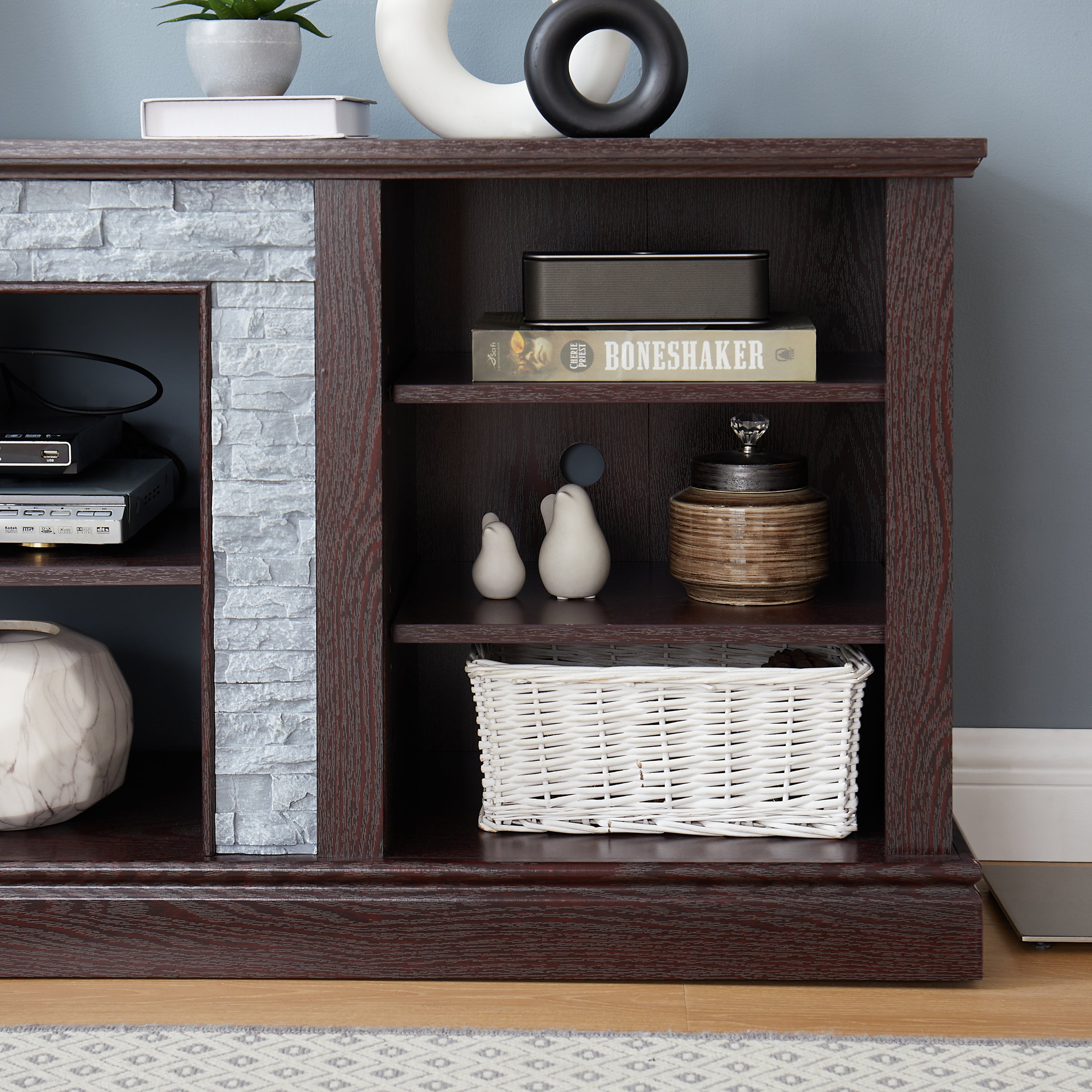 Large Faux Stacked Stone TV Stnad, Desk Storage Rack, Media Console Table with Large Storage Cabinet,Modern TV Media Entertaionment Stand,Cherry, 70.12'W*15.35'D*25.83'H