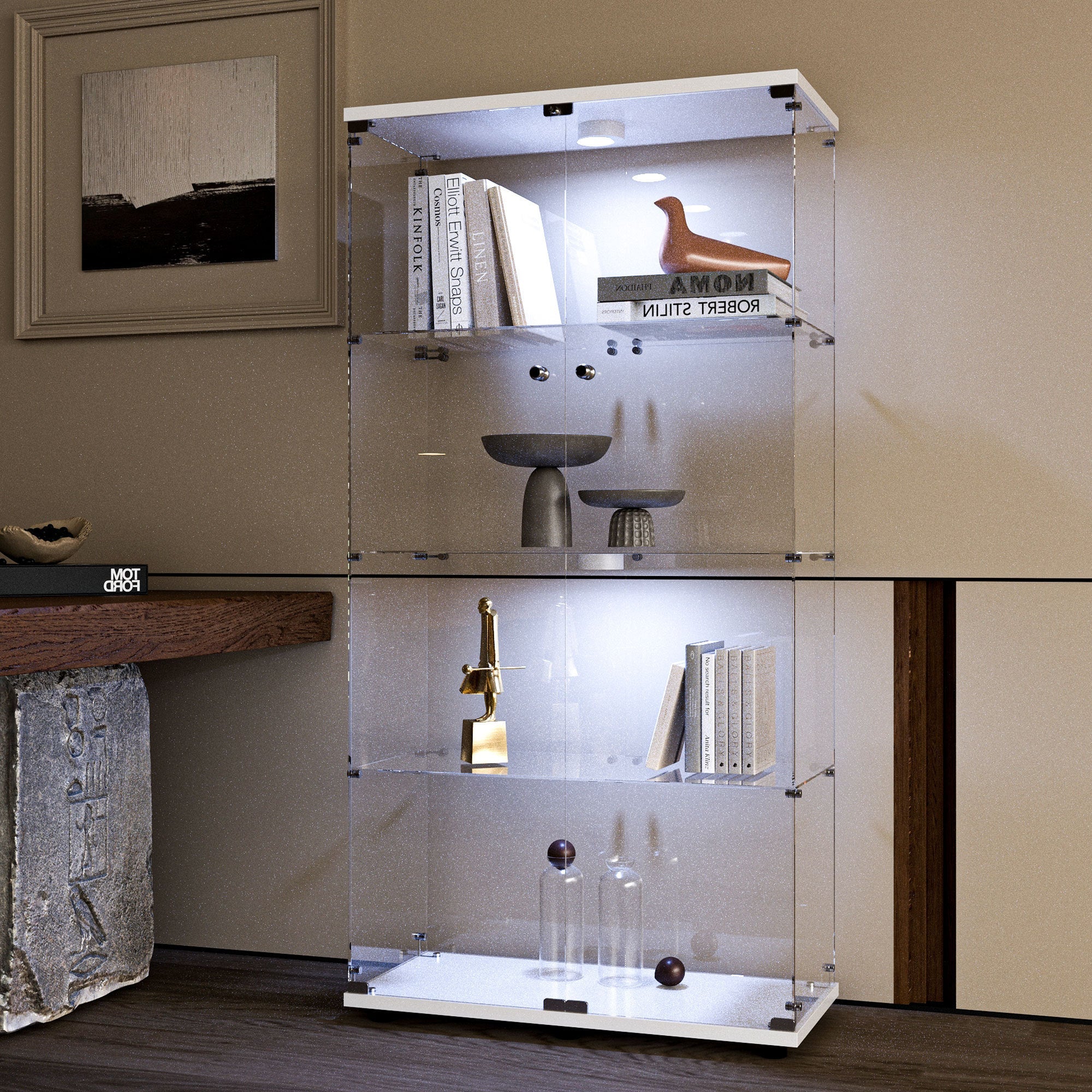 Tempered glass display cabinet,wine cabinet,storage cabinet,file cabinet,with a variety of colors of pat lights,door locks,adjustable floor feet suitable for uneven ground,can be placed anywhere,white