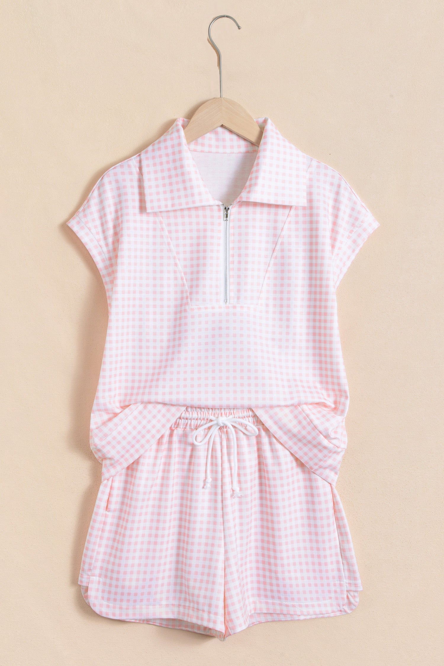 Gingham Half Zip Top & Elastic Waist Shorts Set