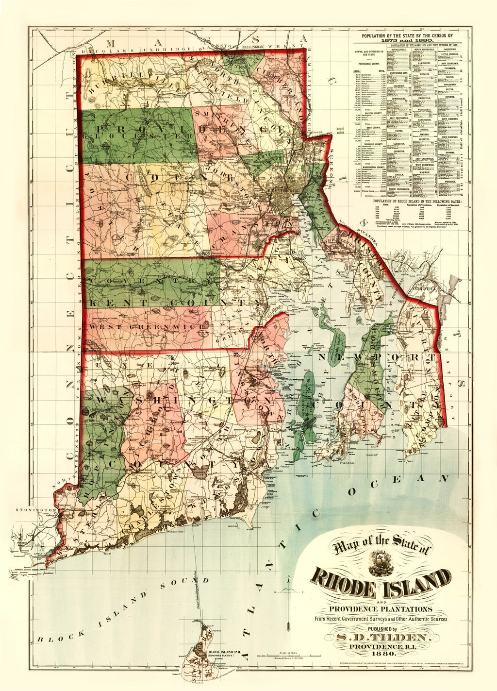 Vintage Map of Rhode Island 1880