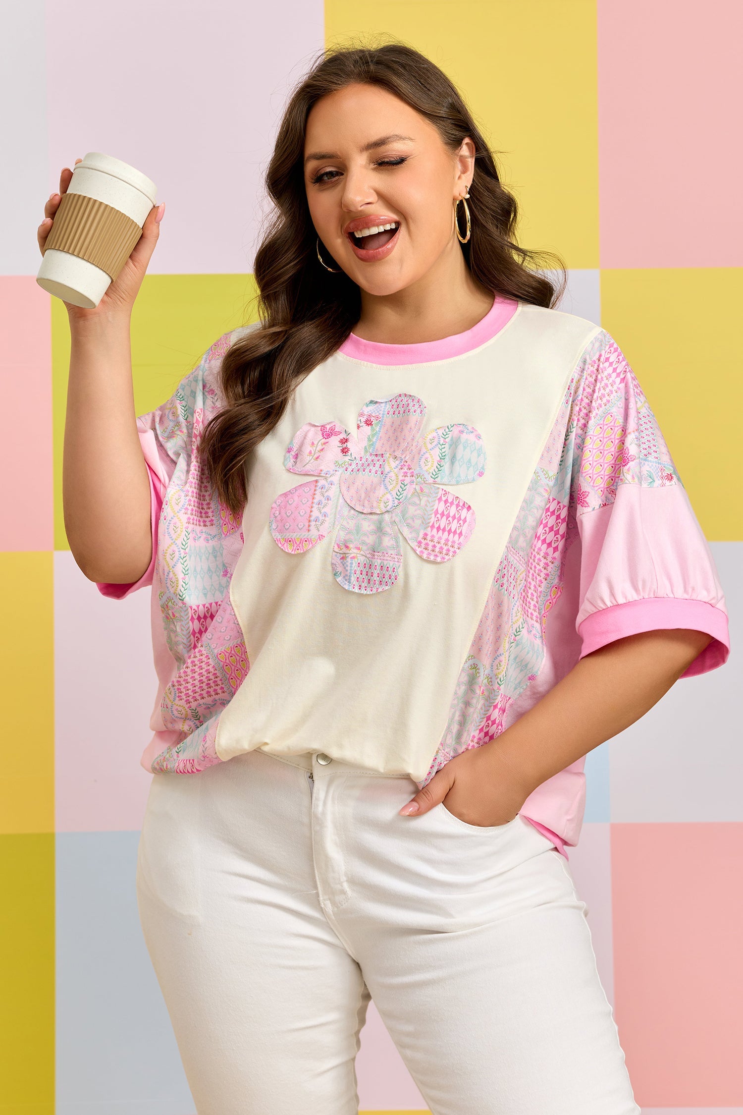 Plus Size Floral Patchwork Embroidered T-Shirt