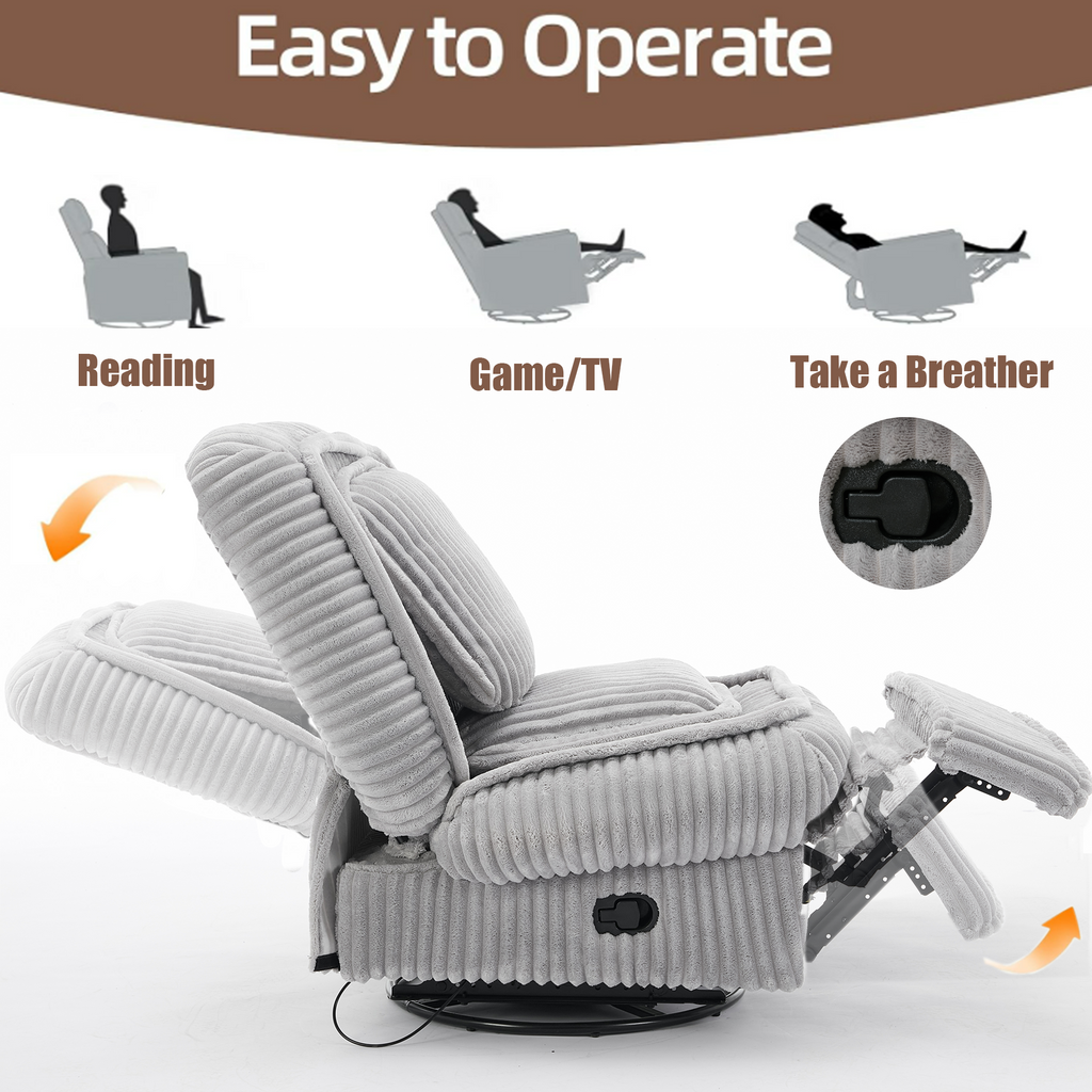 [NEW ARRIVED] 360° Swivel Rocking Single Sofa,Recliner Sofa, Manual Glider Rocking Armless Chair,Living Room Office, With Adjustable Backrest and Footrest and pillows, Small Spaces,Corduroy , Gray