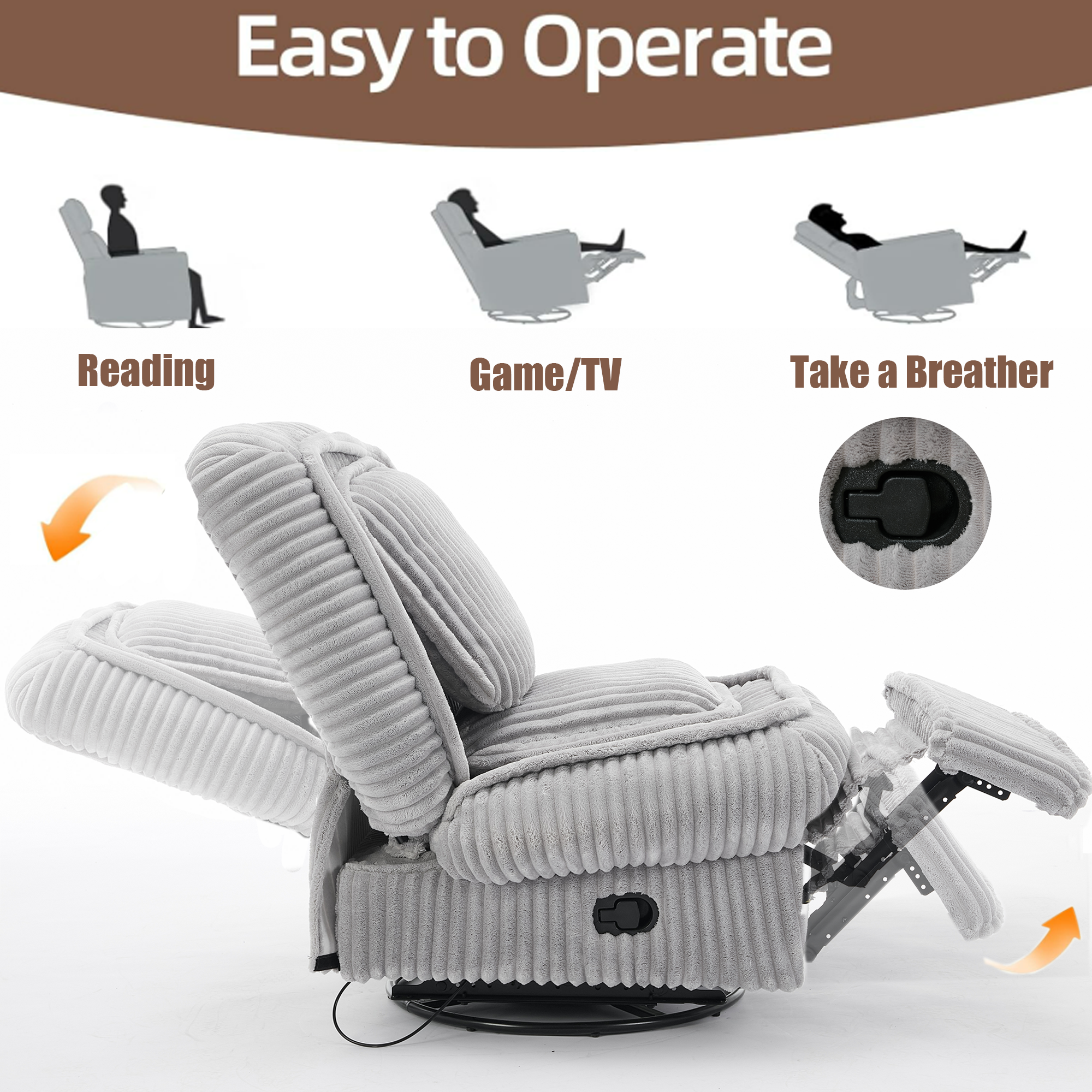 [NEW ARRIVED] 360° Swivel Rocking Single Sofa,Recliner Sofa, Manual Glider Rocking Armless Chair,Living Room Office, With Adjustable Backrest and Footrest and pillows, Small Spaces,Corduroy , Gray