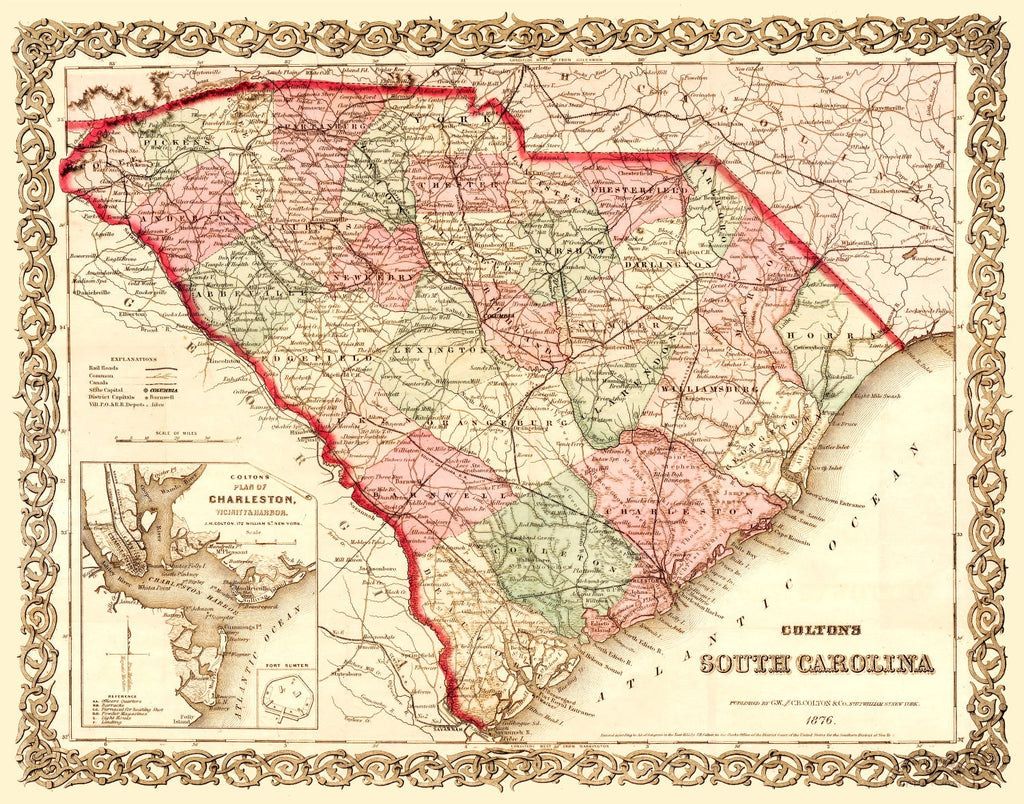 Vintage Map of South Carolina 1876