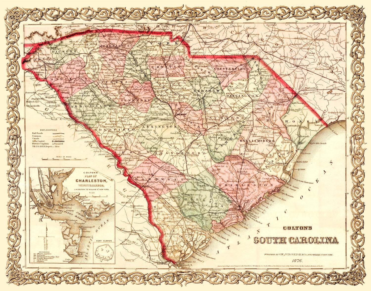 Vintage Map of South Carolina 1876