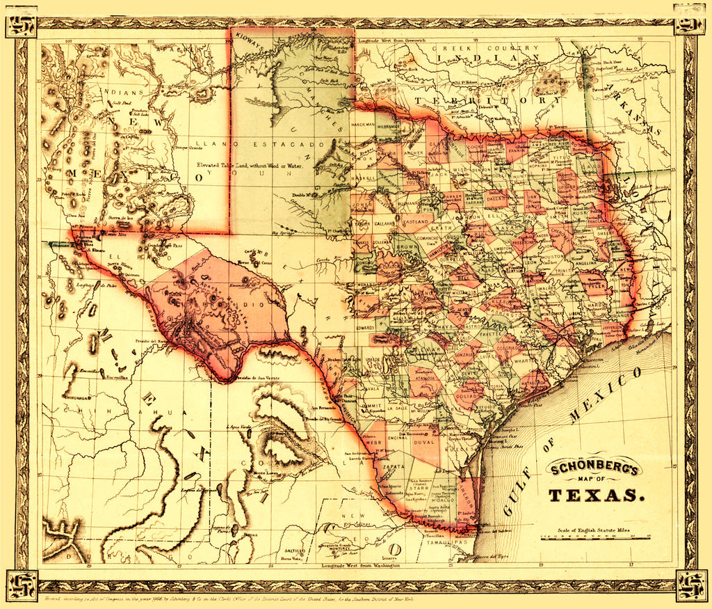 Vintage Map of Texas 1866