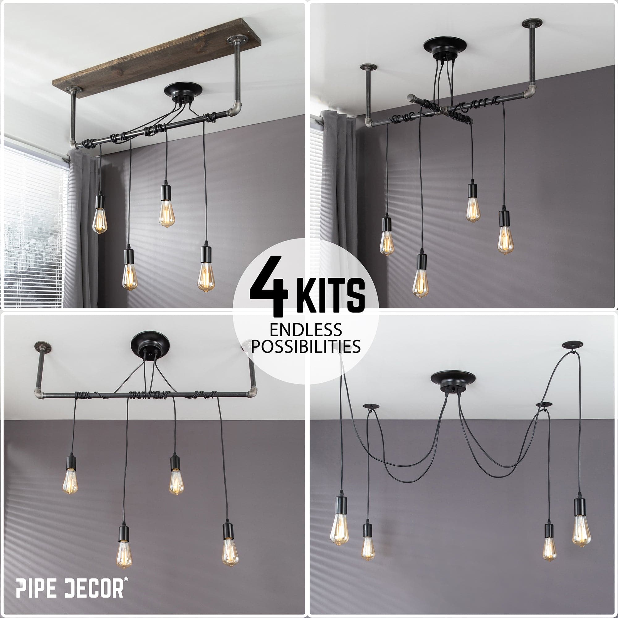 Black Spider Pendant Light Kit with Wood and Pipe Bar Hanging Accessory and 4 Adjustable Arms