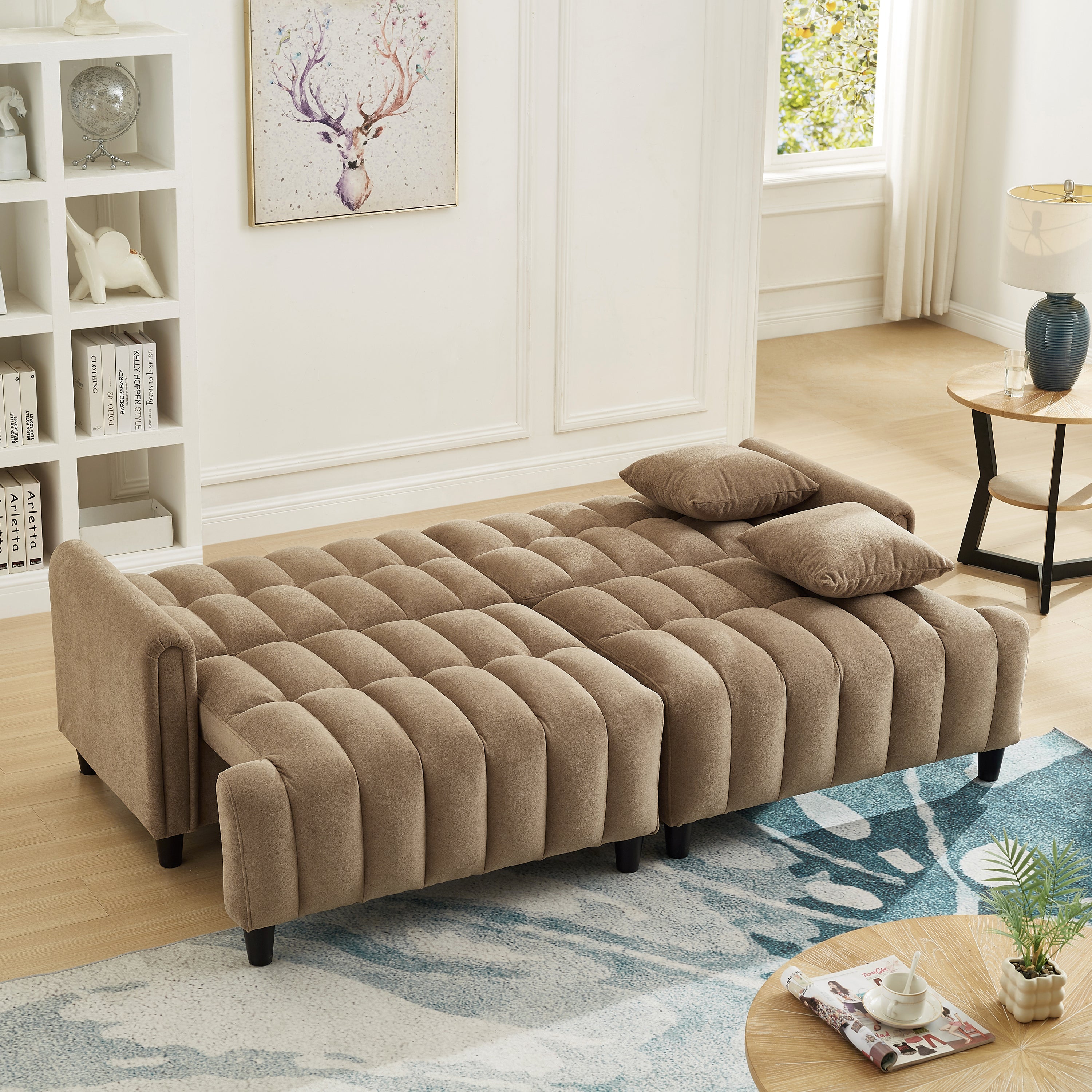 83''  Futon Sofa Bed, Polyester Fabric Comfy Futon Couch Bed with 2 Square Pillows, Convertible Sleeper Sofa with Adjustable Backrest,  Modern Loveseat Sleeper for Living Room, Brown