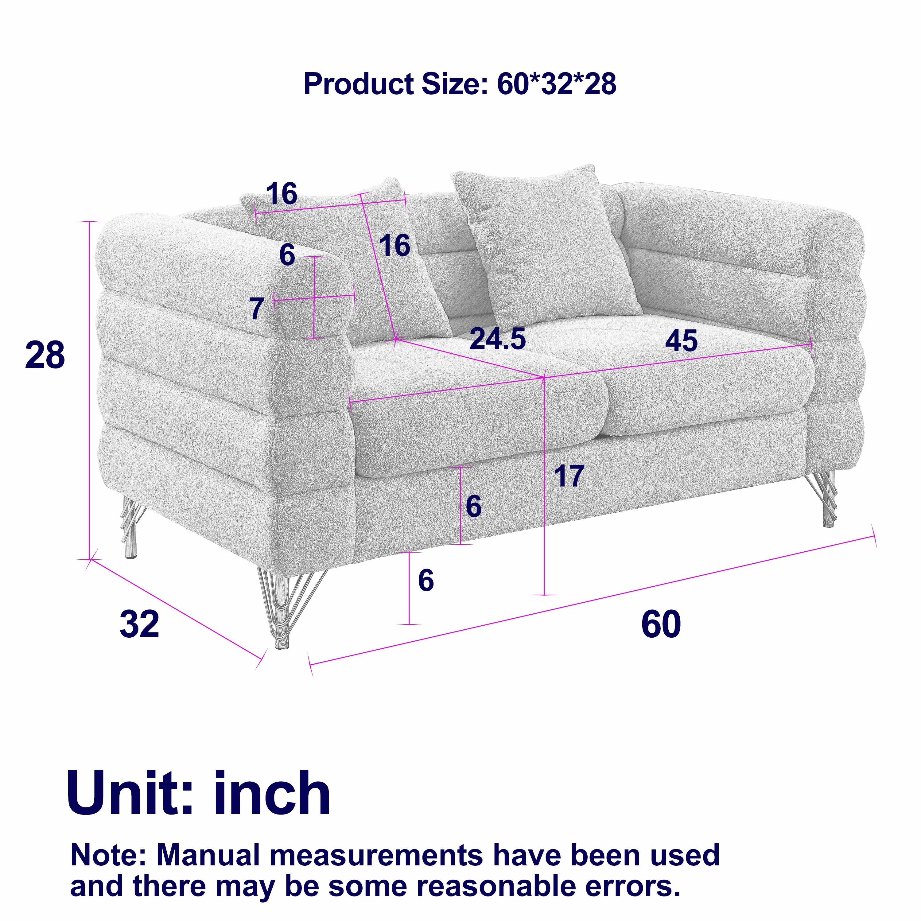 60Inch Oversized 2 Seater Sectional Sofa, Living Room Comfort Fabric Sectional Sofa-Deep Seating Sectional Sofa, Soft Sitting with 2 Pillows for Living Room, Bedroom, Office, Black teddy(W834S00030)