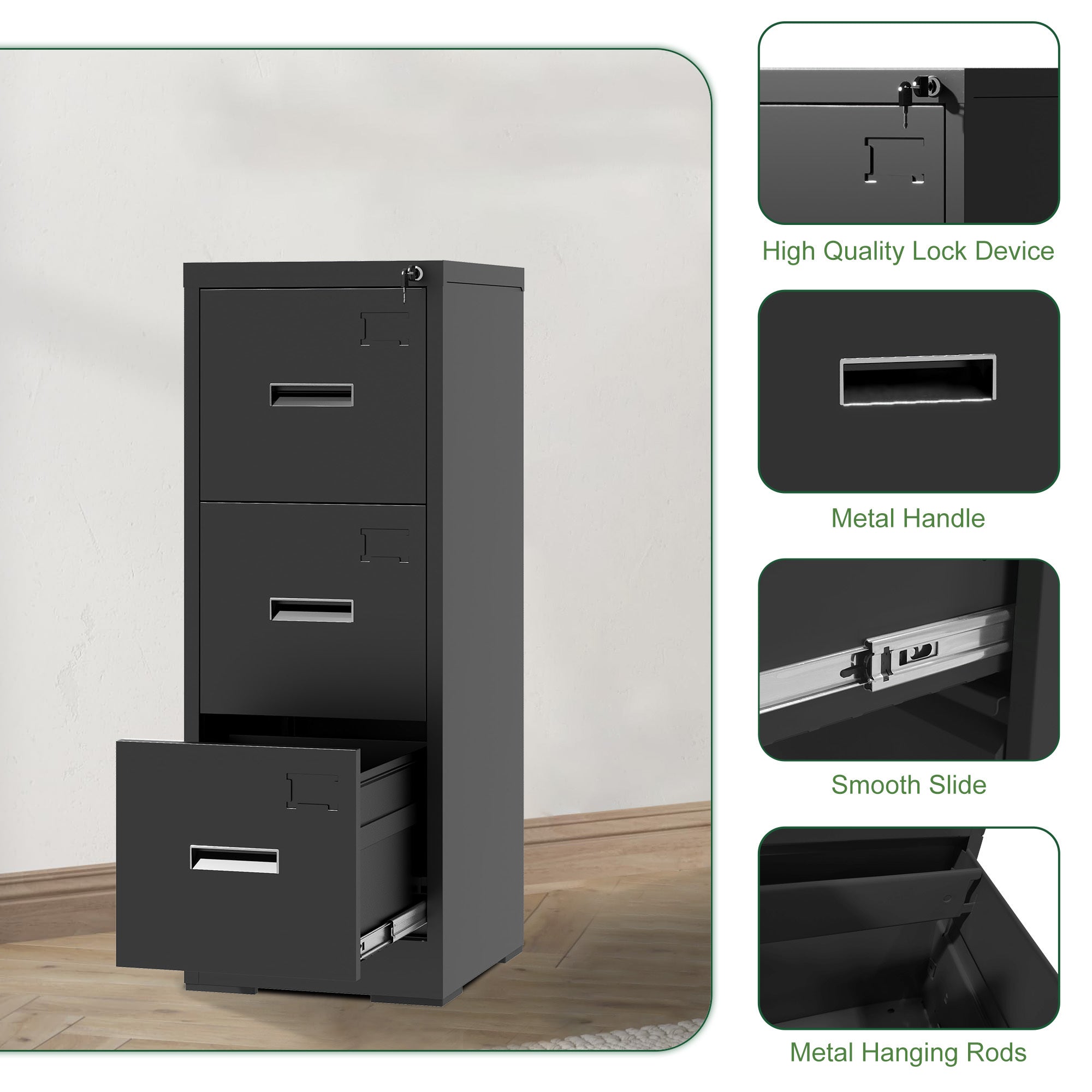 Metal Vertical File Cabinet with Lock and Card Slot for A4 Legal/Letter Size, Black, Durable Steel, 40.4H x 17.7W x 15.2L inches