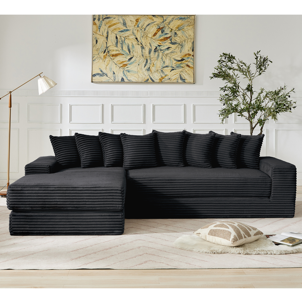[NEW ARRIVED] [VIDEO PROVIDED] Oversize Cloud Sectional Couch, L-Shape Sofa, Convertible Floor Sleeper Sofa Bed, No Assembly ,Eight pillows,3-in-1,Side Pocket,(Left Facing Sofa),3 Seat,Corduroy,Black
