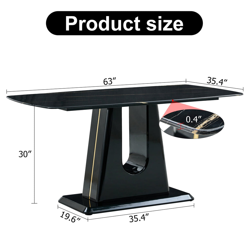 A modern, minimalist, and luxurious table. A black imitation marble tabletop with MDF U-shaped legs. Dining table, computer table. For restaurants and living rooms 63' * 35.4'* 30' F-U