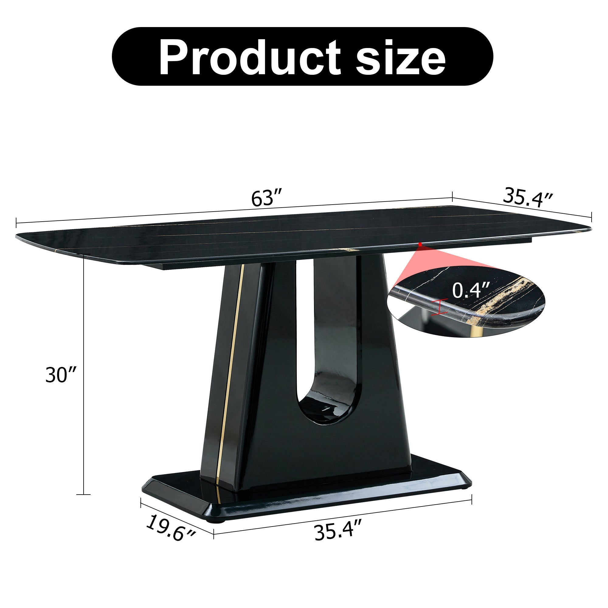 A modern, minimalist, and luxurious table. A black imitation marble tabletop with MDF U-shaped legs. Dining table, computer table. For restaurants and living rooms 63' * 35.4'* 30' F-U