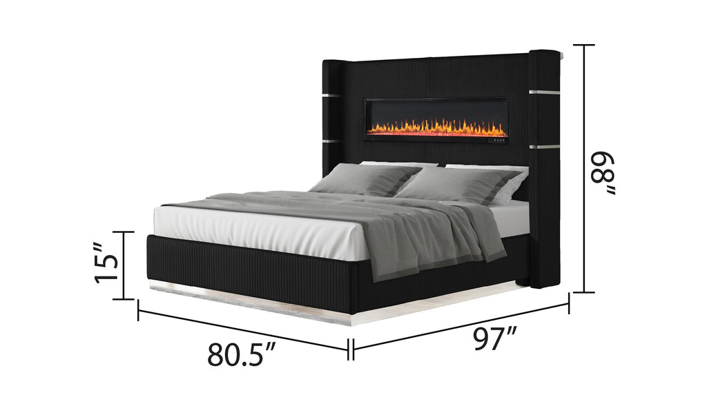 LIZZELLE Upholstery Wooden King 5 PC Bedroom set with Ambient lighting in Black Velvet Finish(NJ INVENTORY)