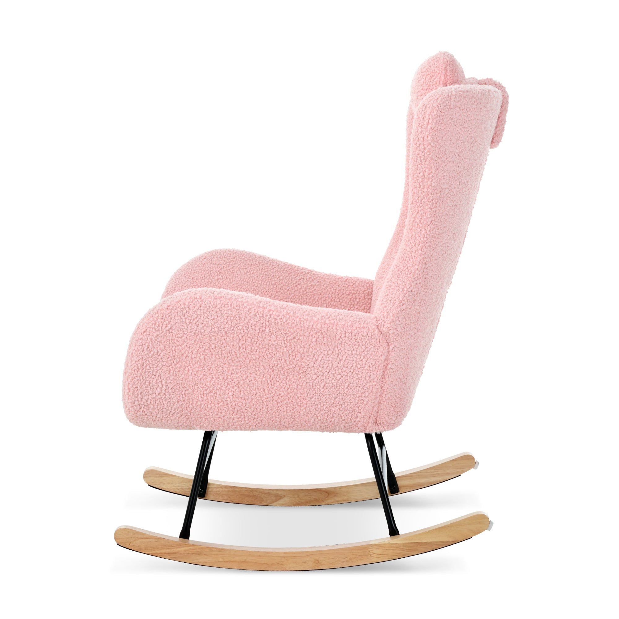 Rocking Chair Nursery, Teddy Upholstered Rocker Glider Chair with High Backrest, Adjustable Headrest & Pocket, Comfy Glider Chair for Nursery, Bedroom, Living Room, Offices, Rubber wood, pink