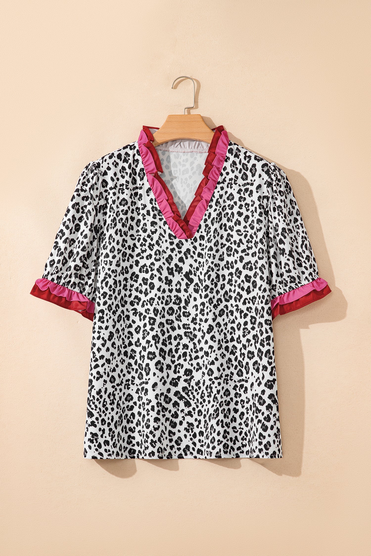 Leopard Ruffle Trim V-Neck Short Sleeve Blouse