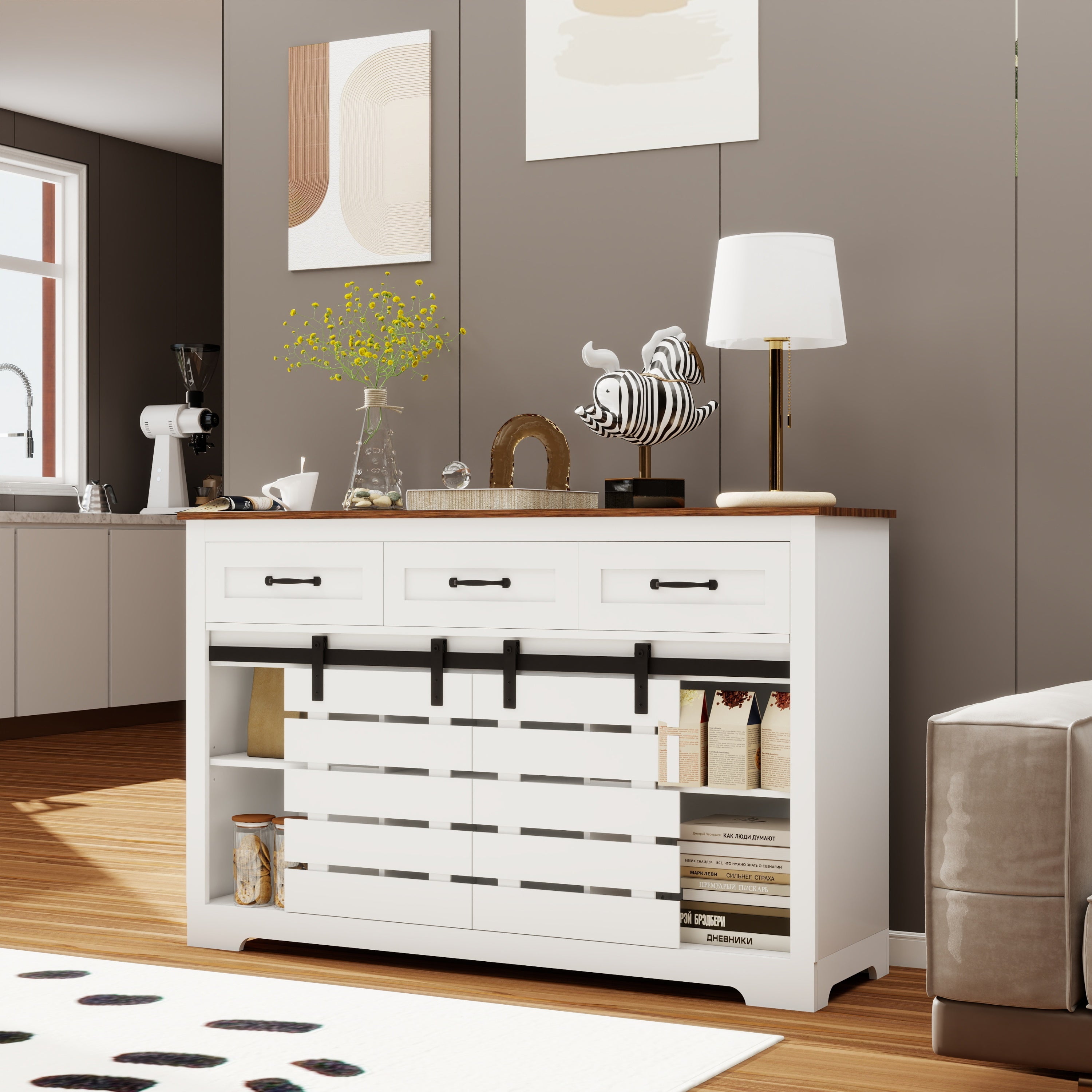 53' Farmhouse Sideboard Buffet Storage Cabinet with 3 Drawers, 2 Sliding Barn Doors, 2 Adjustable Shelves, Coffee Bar Cabinet for Kitchen, Living Room, Dining Room-White