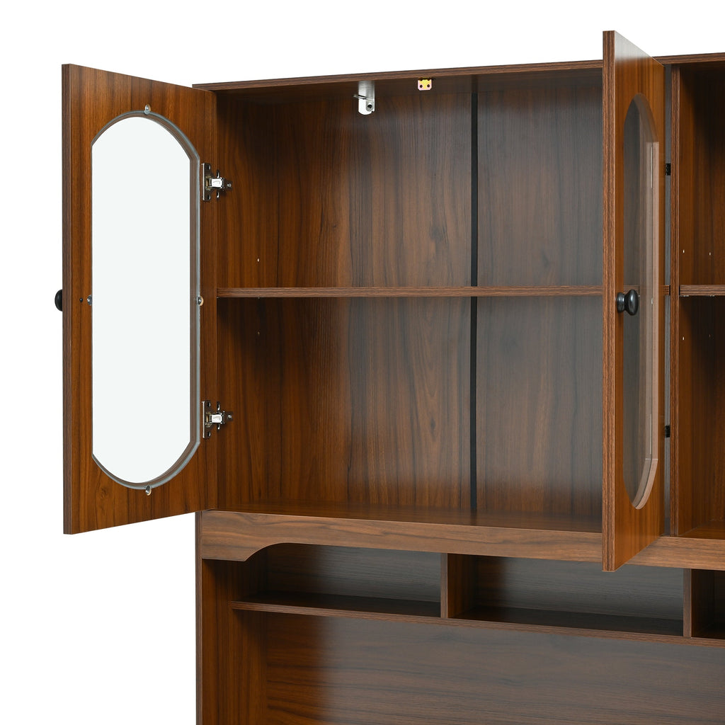 47'' Retro Desk with Charging Ports and Hutch Cabinet, Office Desk with 5 Storage Drawers and Transparent Glass-Door Bookshelf, Executive Computer Desk for Home Office, Bedroom, Walnut