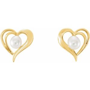 14K Yellow Gold Cultured White Seed Pearl Heart Earrings