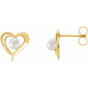 14K Yellow Gold Cultured White Seed Pearl Heart Earrings