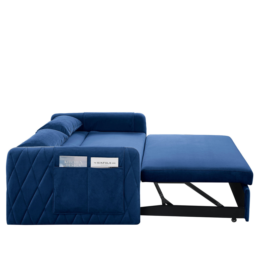 55' Modern Convertible Sofa Bed with 2 Detachable Arm Pockets, Velvet Loveseat Sofa with Pull Out Bed, 2 Pillows and Living Room Adjustable Backrest, Grid Design Armrests