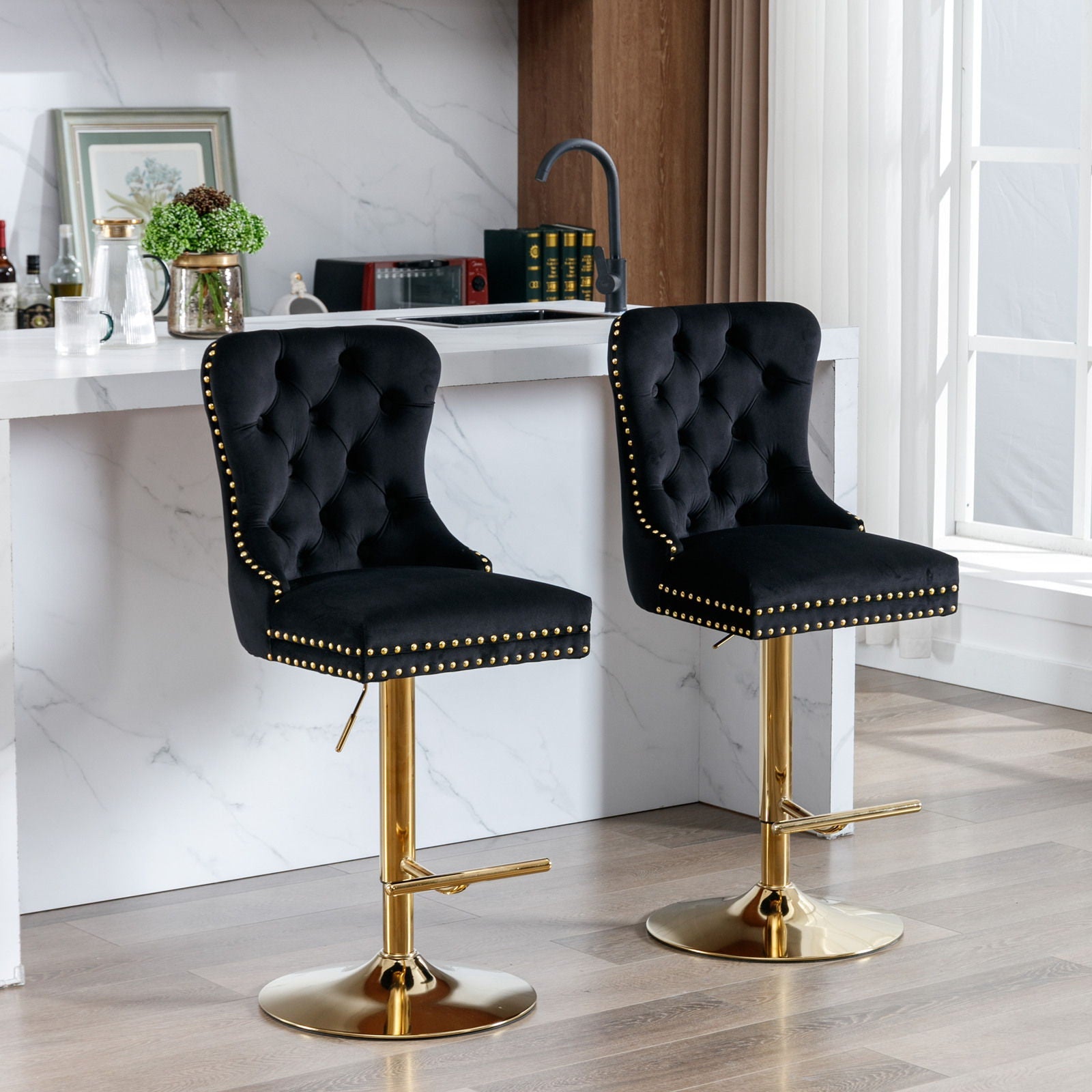 Thick Swivel Barstools Adjusatble Seat Height From 25-33", Modern Upholstered Bar Stools With Backs Comfortable Tufted For Home Pub And Kitchen Island (Set of 2)