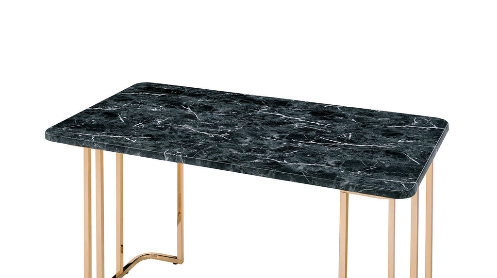 Contemporary Desk With Faux Marble On Top USB & Power Outlet, Gold/Black