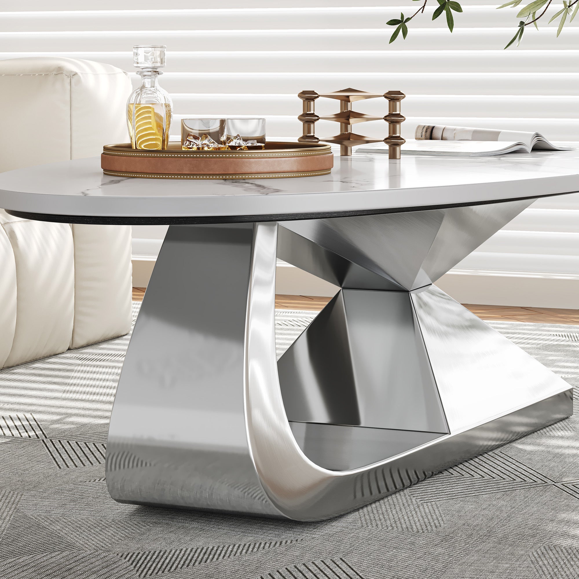 Modern Sintered Stone Tabletop Coffee Table with Stainless Steel Base - Elegant and Durable Living Room Centerpiece