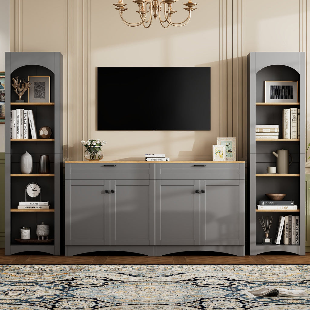 ON-TREND 3-Piece Farmhouse Entertainment Center with Storage Cabinet for TVs Up to 70', Mid-Century TV Stand with Bookshelf, Rustic Versatile Sideboard with Adjustable Shelves for Living Room, Grey