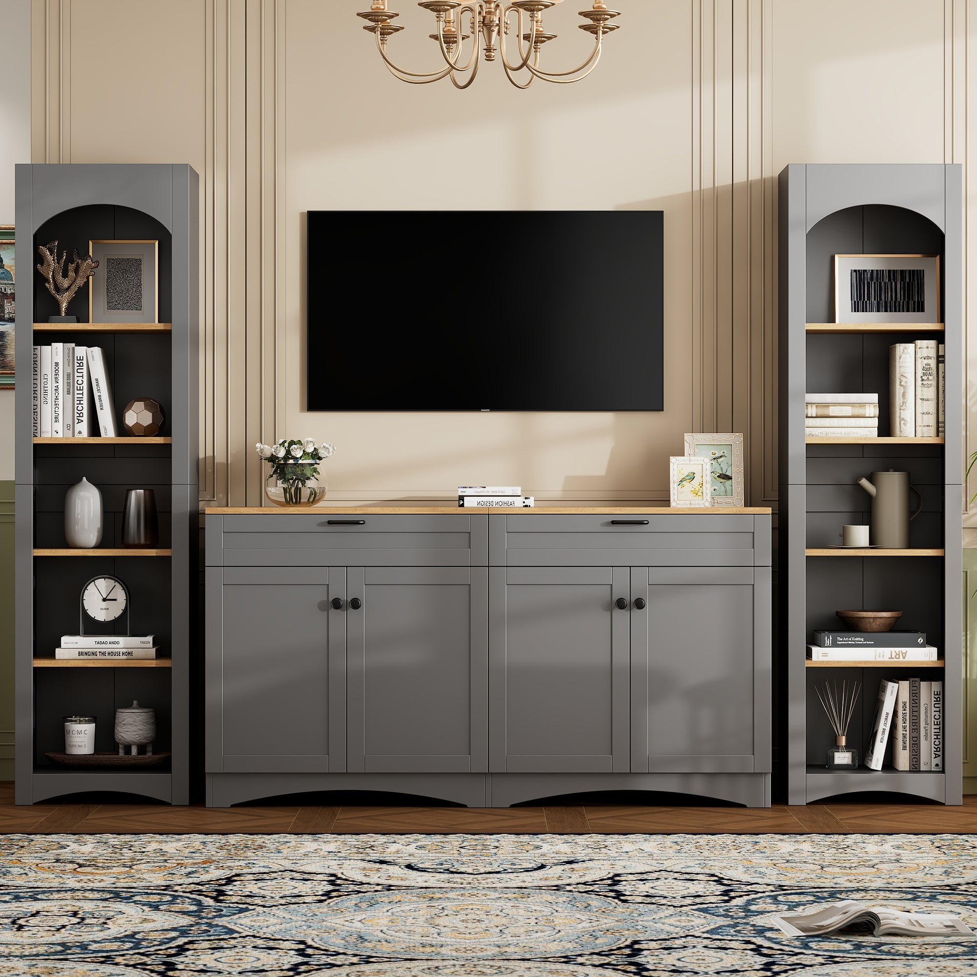 ON-TREND 3-Piece Farmhouse Entertainment Center with Storage Cabinet for TVs Up to 70', Mid-Century TV Stand with Bookshelf, Rustic Versatile Sideboard with Adjustable Shelves for Living Room, Grey