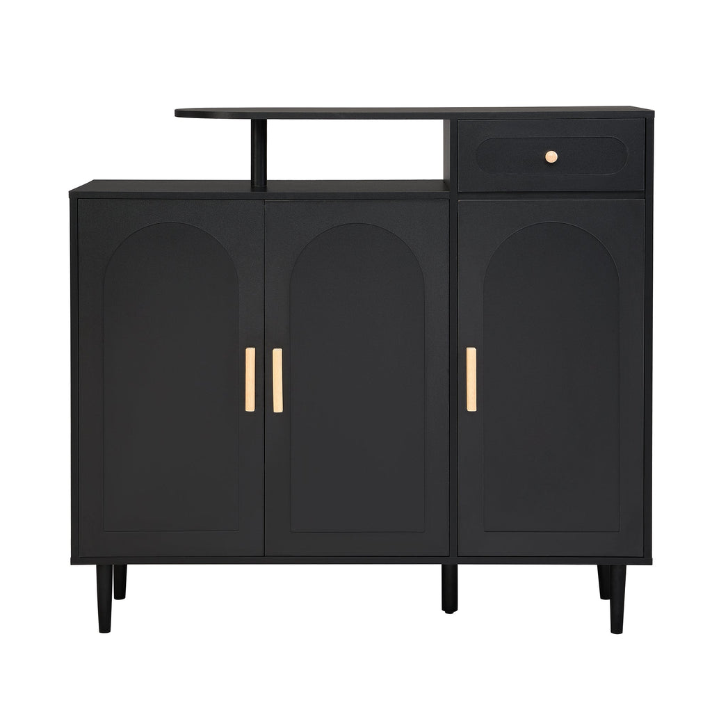 ON-TREND Elegant Shoe Cabinet with Arched Doors and Drawer, Cream Style Storage Sideboard with Adjustable Shelves and Solid Wood Legs for Entryway, Living Room, Black