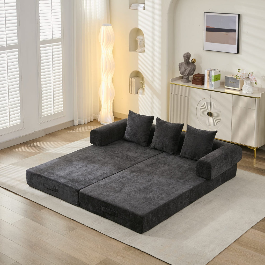 Comfy Convertible Folding Mattress Couch, Floor Sofa Bed, Chenille Floor Sofa with Armrest, Floor Sofa Lounge Couch for Living Room Bedroom Lounge Studio-Black