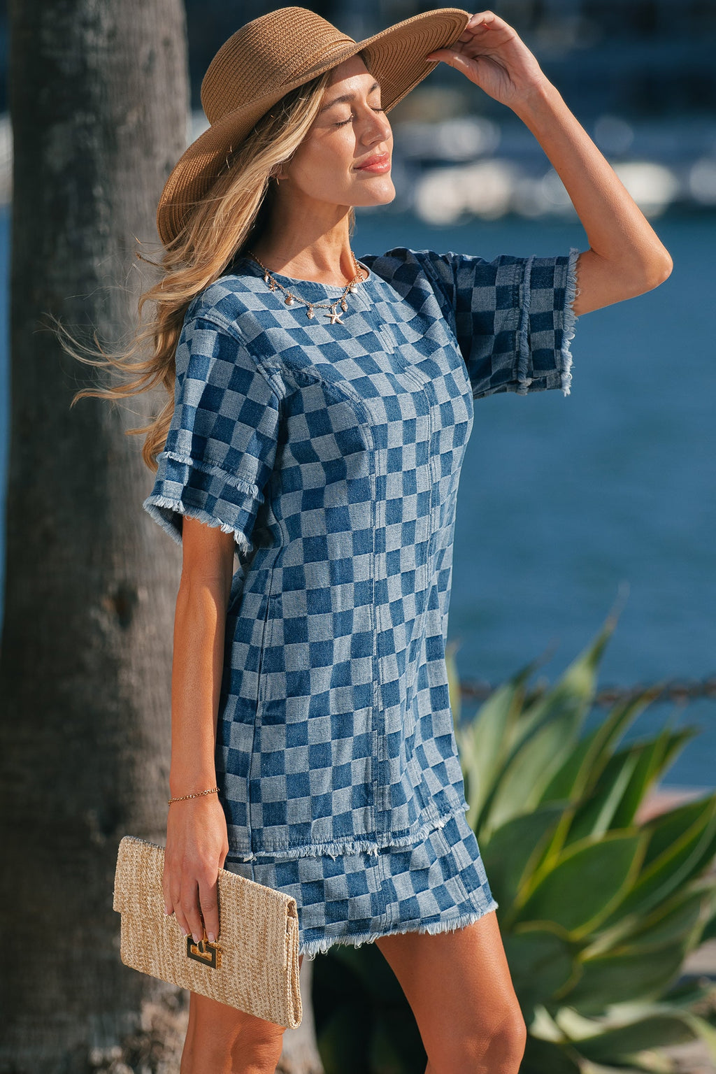 Checker Denim Frayed Hem Mini Dress