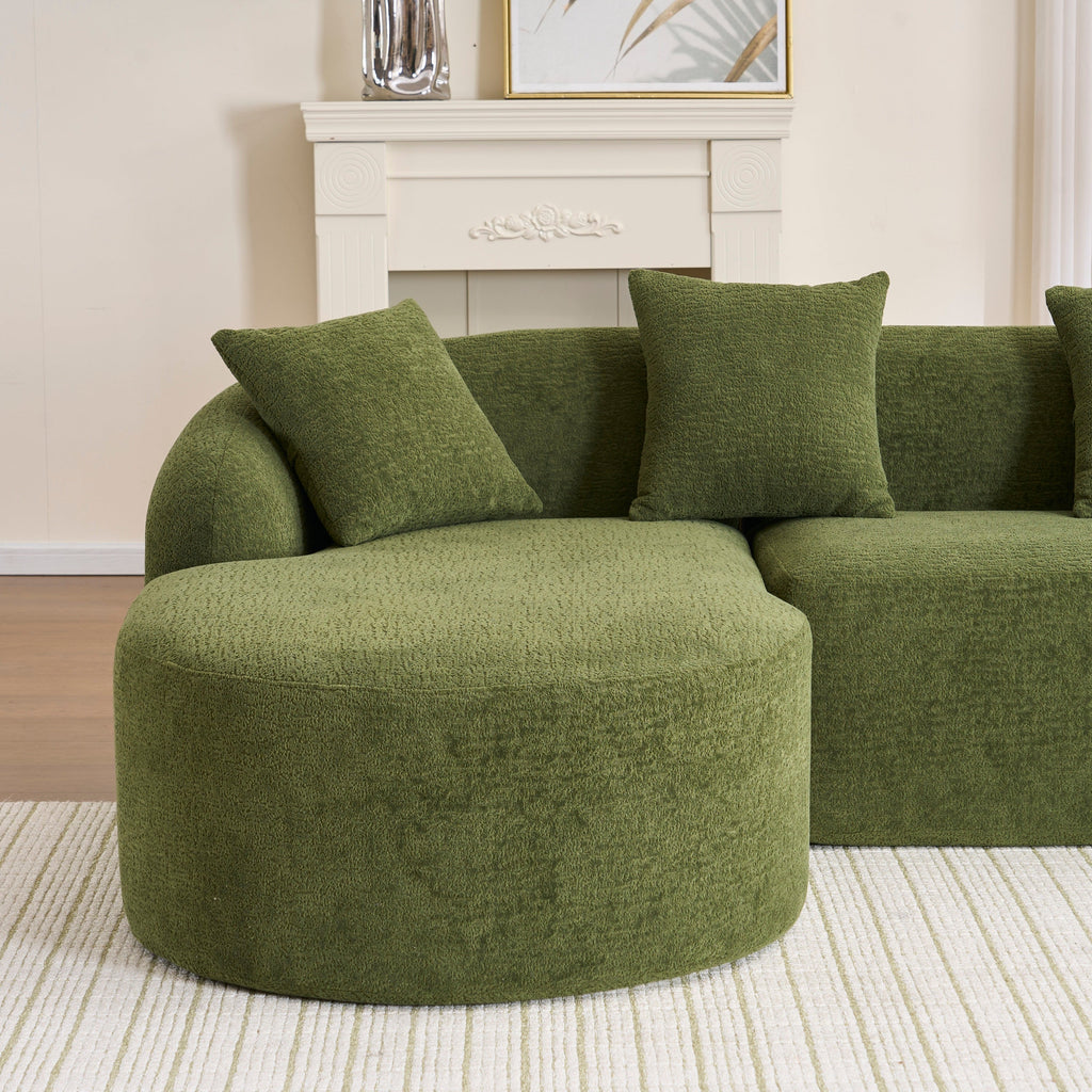 Compression Sponge L-Shape Sectional Sofa with Curved Chaise, Green Modular Chenille Couch No Assembly Required, 30D High-Density for Living Room Bedroom Apartment Lounge.