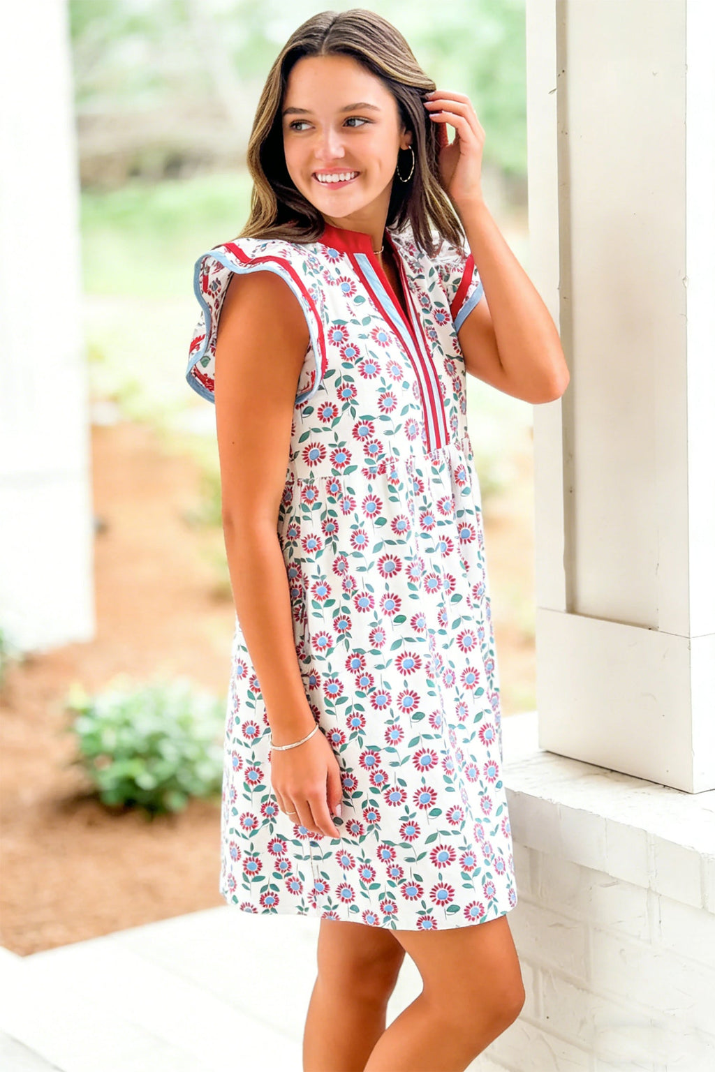 Floral Contrast Trim V-Neck Flutter Sleeve Mini Dress