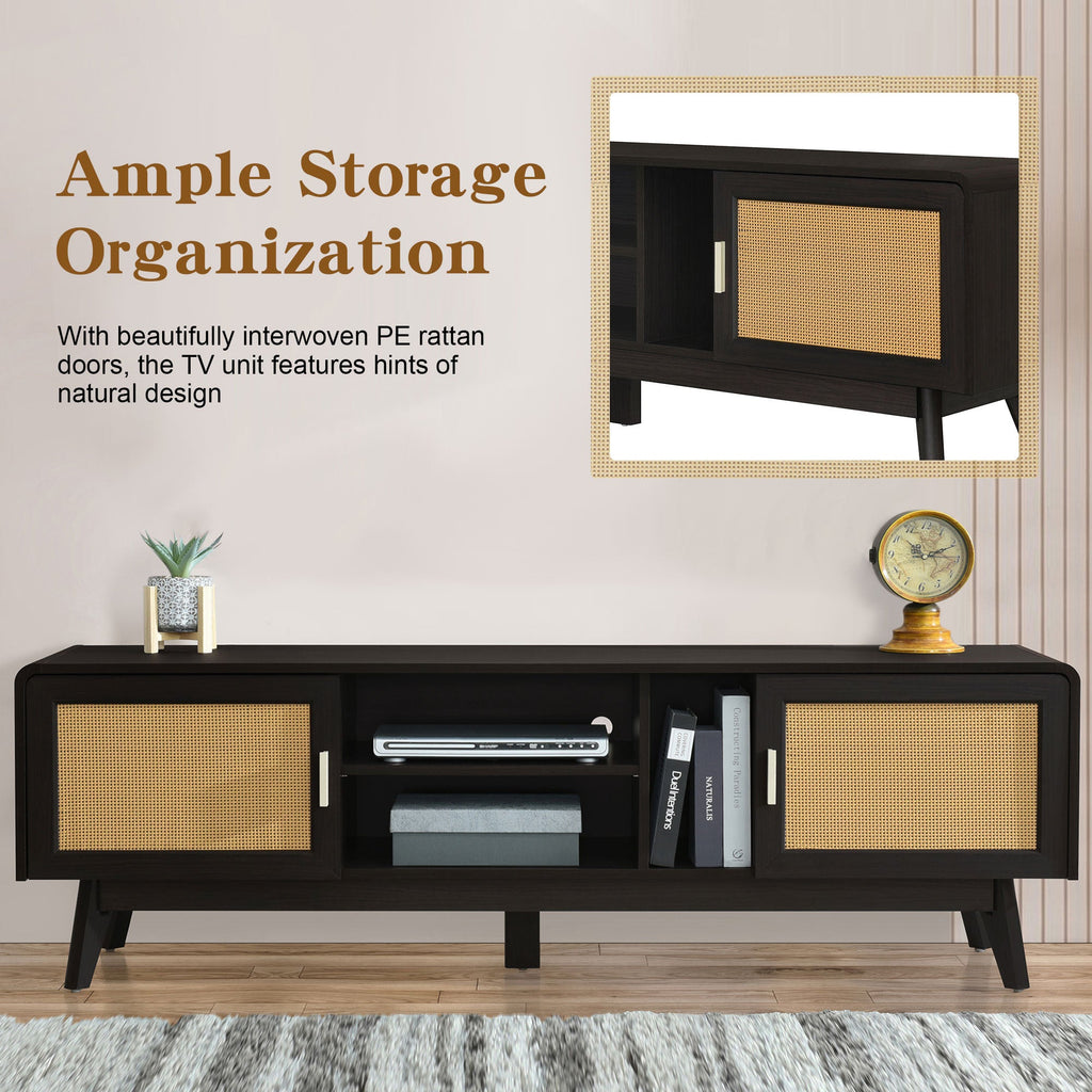 63'' Dark Rattan TV Stand with 2 Storage Cabinets for 65 Inch TV, Entertainment Center with Solid Wood Legs, Media Console Table for Living Room, Bedroom
