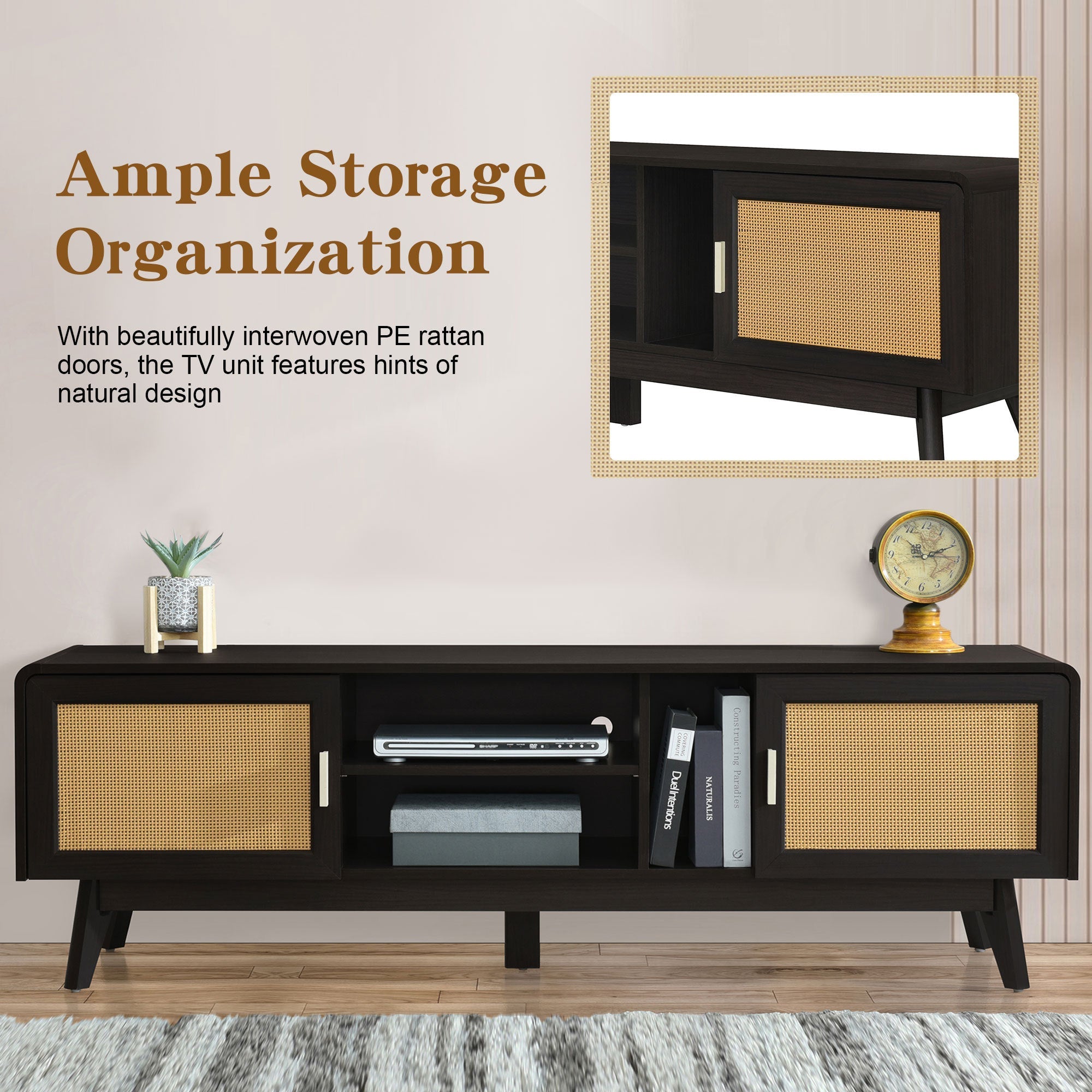63'' Dark Rattan TV Stand with 2 Storage Cabinets for 65 Inch TV, Entertainment Center with Solid Wood Legs, Media Console Table for Living Room, Bedroom