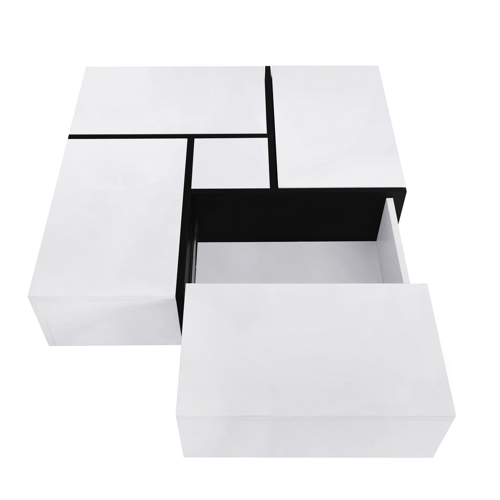 ON-TREND Unique Design Coffee Table with 4 Hidden Storage Compartments, Square Cocktail Table with Extendable Sliding Tabletop, UV High-gloss Design Center Table for Living Room, 31.5'x 31.5'