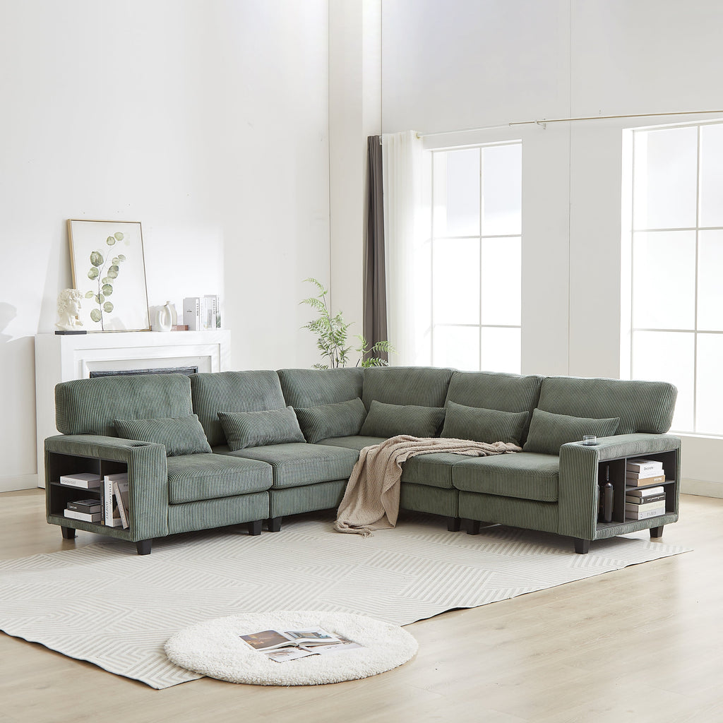 102.75*102.75' L-Shaped Modular Sectional Sofa, Modern Corduroy Sectional Sofa, Arm with Storage With Cup Holder 5-Seat Convertible Sectional Sofa for Living Room, Bedroom, Lounge and Projection Room