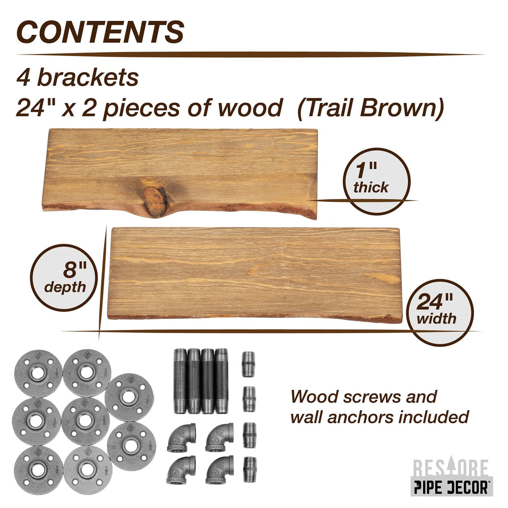 24” Trail Brown Live Edge Wood Shelf with L-Shaped Pipe Brackets (2-Pack)