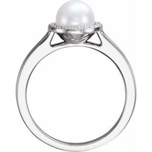 14K White Gold Cultured White Freshwater Pearl & .07 CTW Natural Diamond Halo-Style Ring