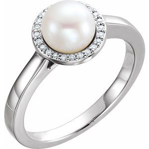 14K White Gold Cultured White Freshwater Pearl & .07 CTW Natural Diamond Halo-Style Ring