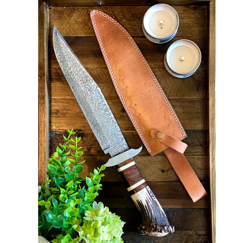The Ultimate Big Bowie Knife for Sale - 15-Inch Damascus Steel Blade, Bone, Rosewood, Stag horn, Steel Guard Handle, Leather Sheath - KBS Knives Store