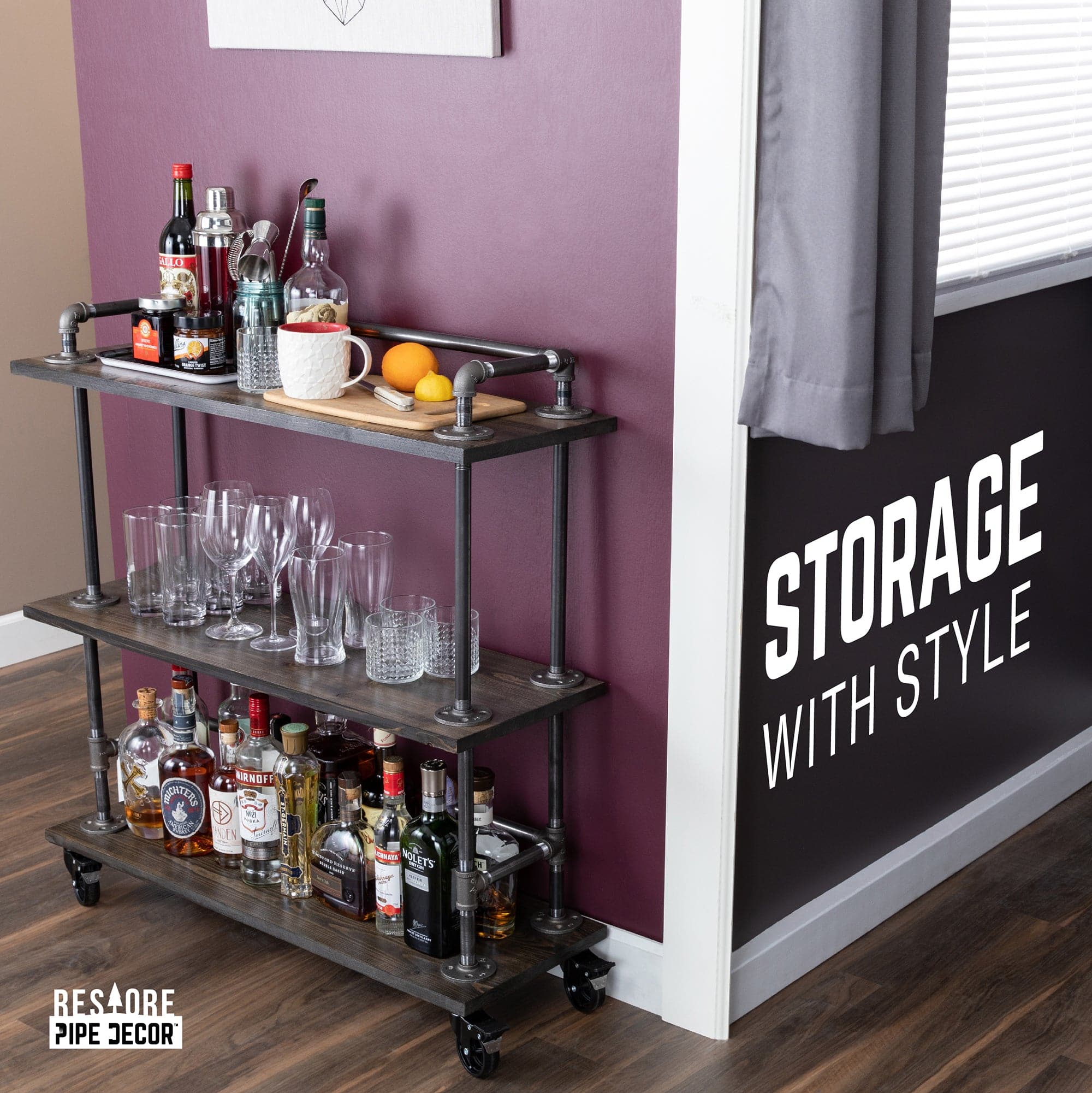 Three-tier Wood Shelf Industrial Bar Cart with Locking Wheels, Boulder Black
