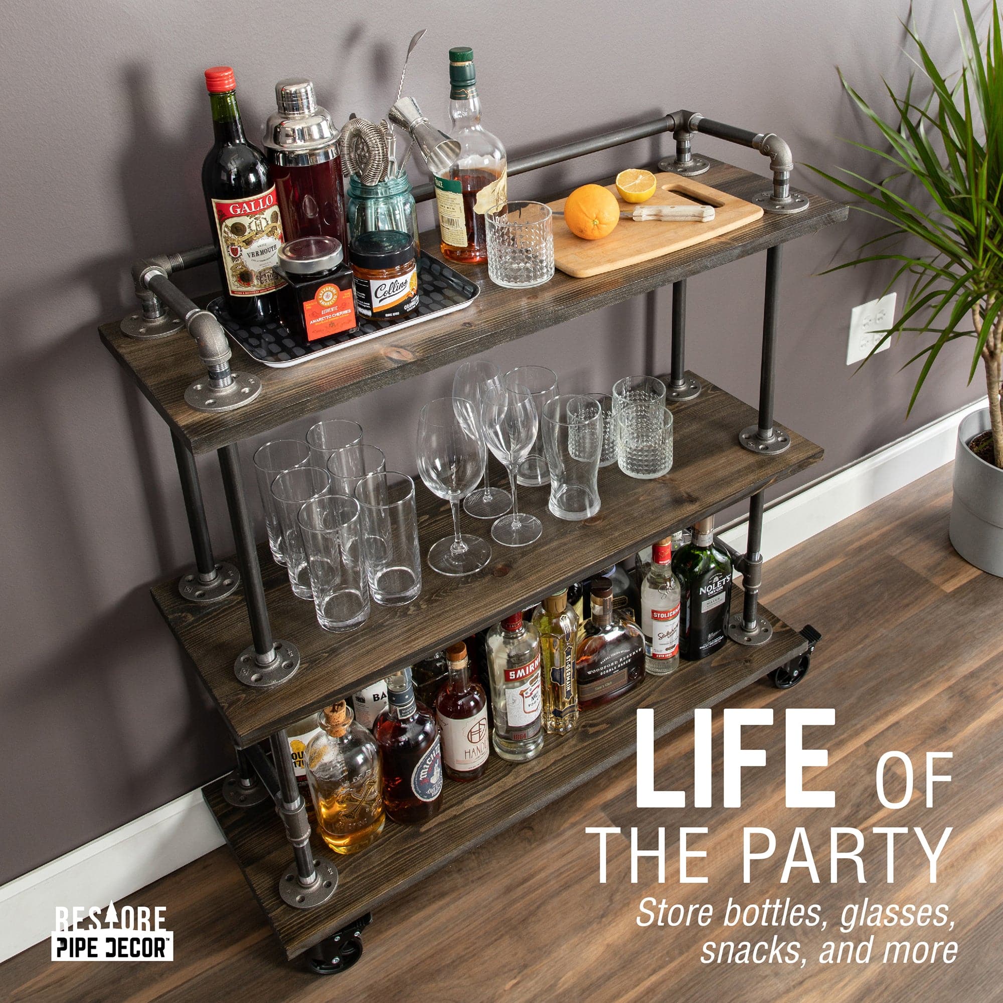 Three-tier Wood Shelf Industrial Bar Cart with Locking Wheels, Trail Brown