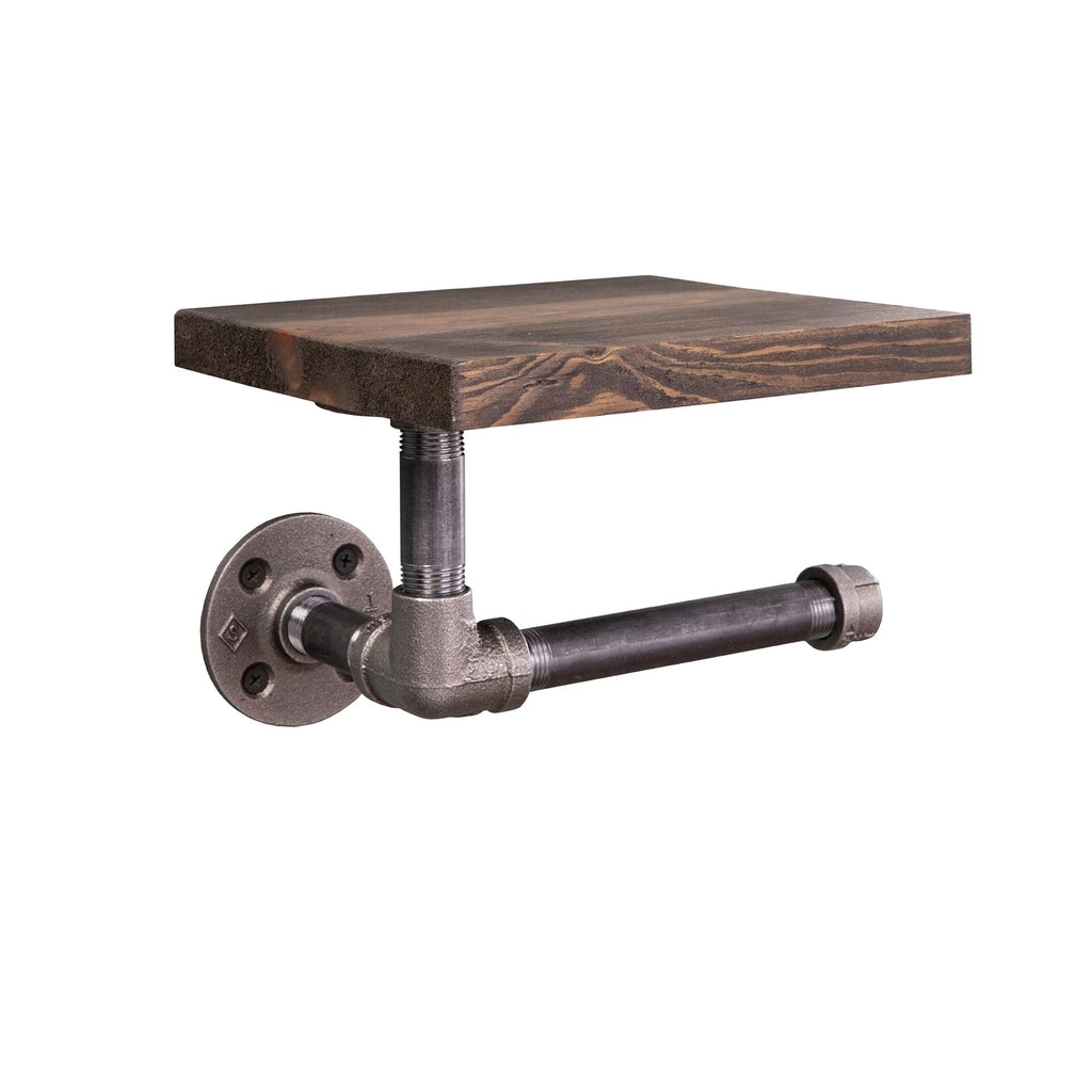 6 in. Wall-Mounted Pipe Toilet Paper Holder with Wood Shelf, Trail Brown
